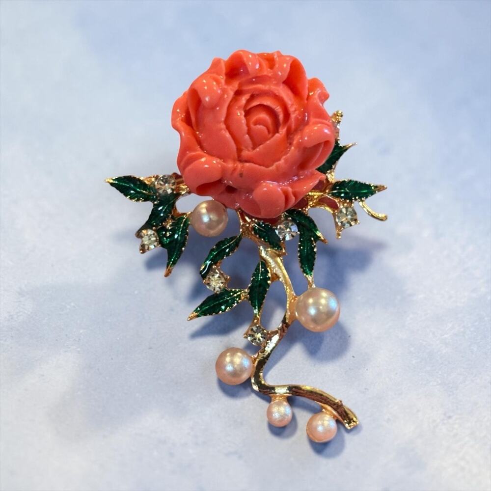 Coral Rose Brooch Pearl Rhinestone Cascade Enamel Leaves Vintage Glam